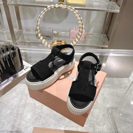 Miu Miu Black Denim Logo Embroidered Flatform Sandals