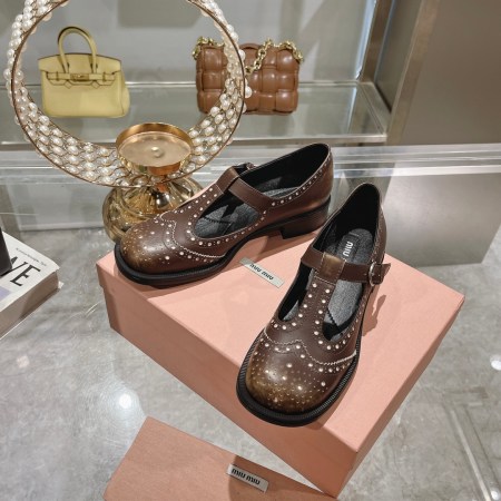 MIU MIU Brown T-Strap Brogue Shoes with Studded Detailing