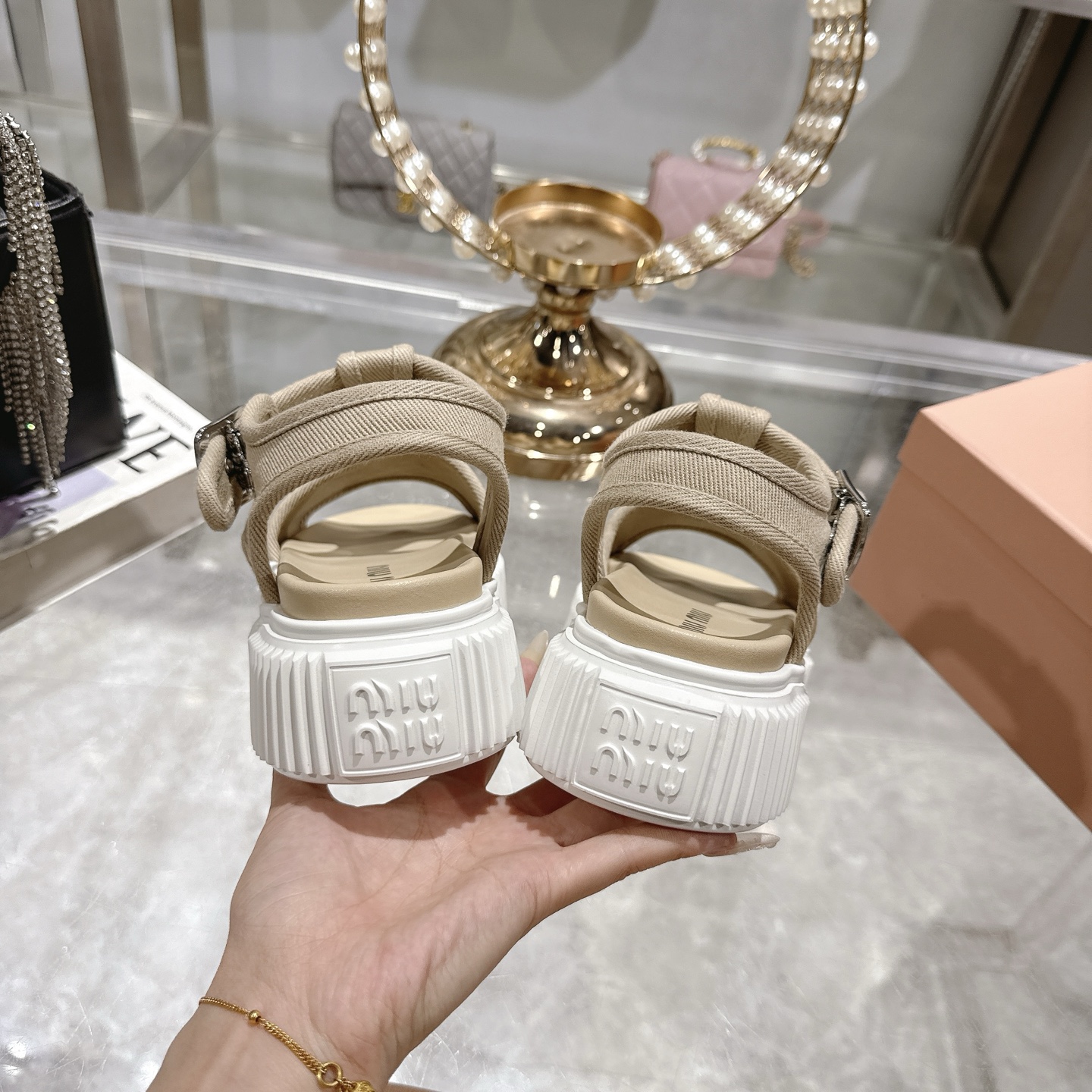 Miu Miu Beige Canvas Flatform Sandals - Image 8