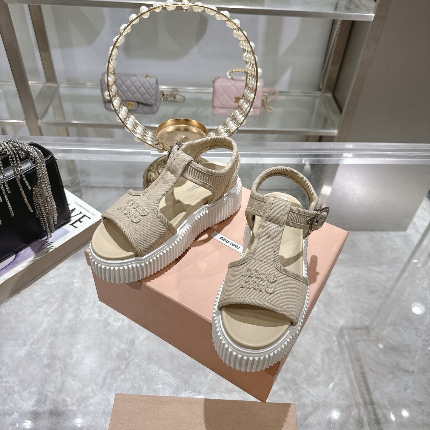 Miu Miu Beige Canvas Flatform Sandals