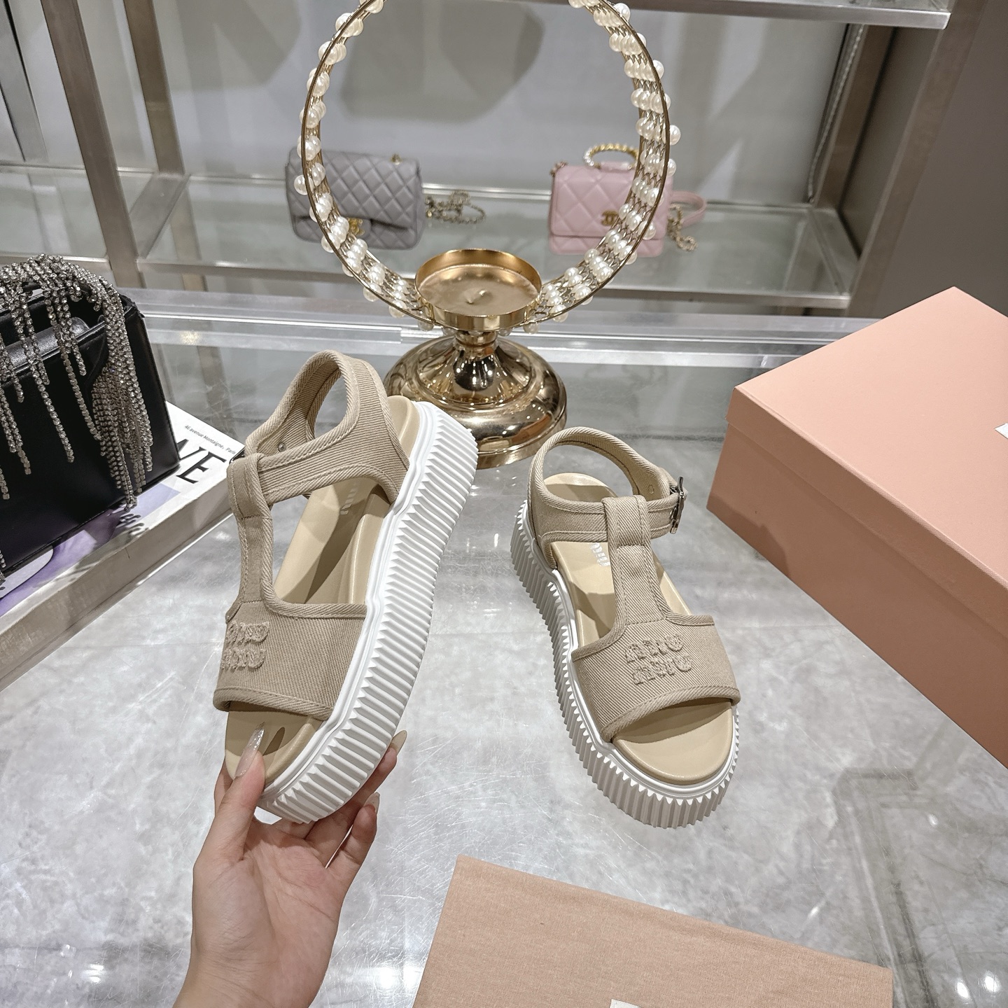 Miu Miu Beige Canvas Flatform Sandals - Image 5