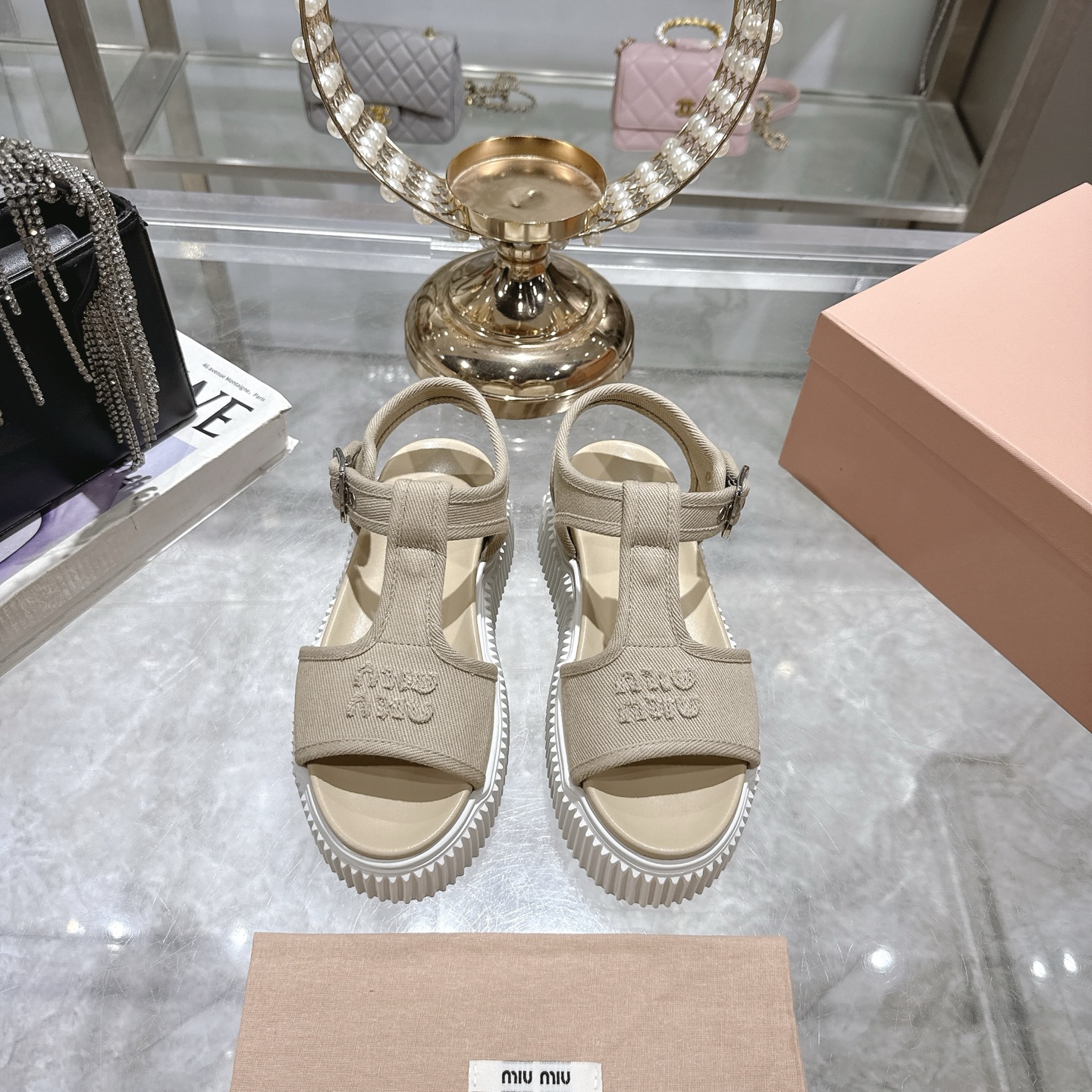 Miu Miu Beige Canvas Flatform Sandals - Image 2