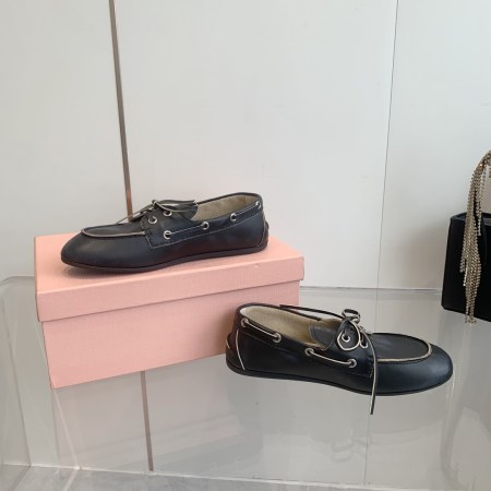Miu Miu Black Leather Lace-Up Moccasin Loafers