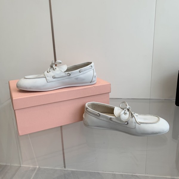 Miu Miu White Leather Lace-Up Moccasin Loafers