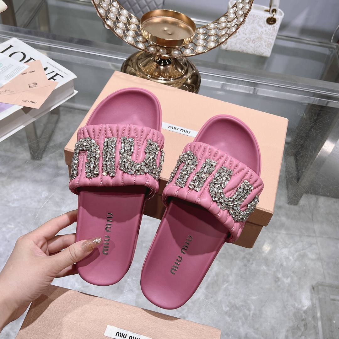 Miu Miu Pink Crystal-Embellished Quilted Slides - Image 6