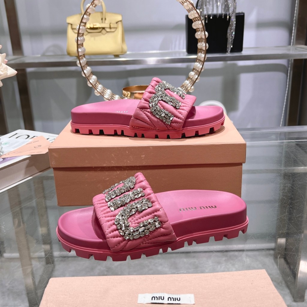 Miu Miu Pink Crystal-Embellished Quilted Slides