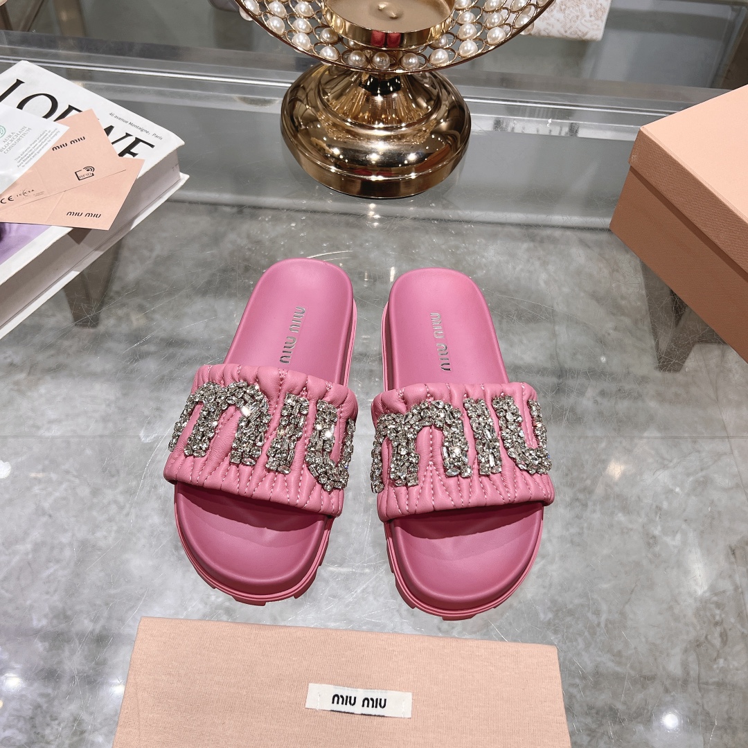 Miu Miu Pink Crystal-Embellished Quilted Slides - Image 2