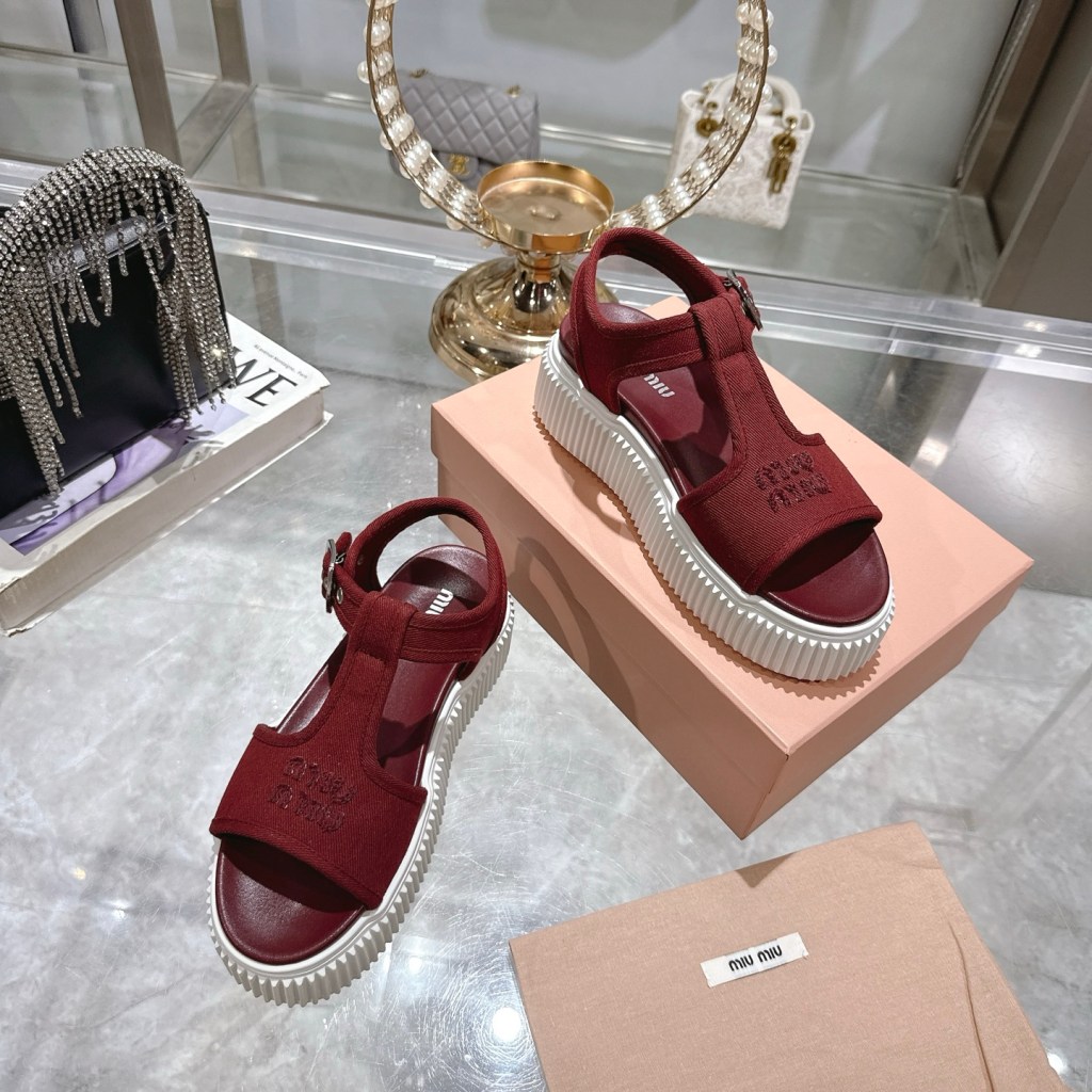 Miu Miu Red Denim Flatform Sandals