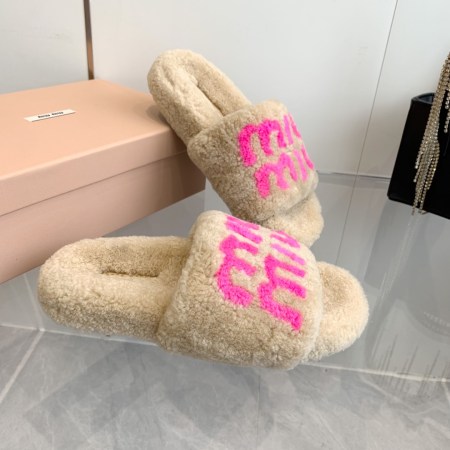 Miu Miu Pink Logo Embroidered Shearling Beige Slides
