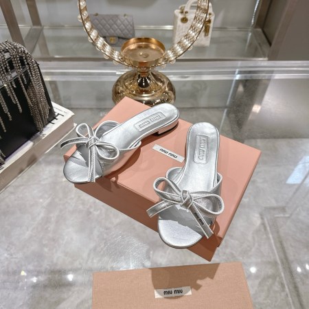 Miu Miu Silver Metallic Bow Leather Mules