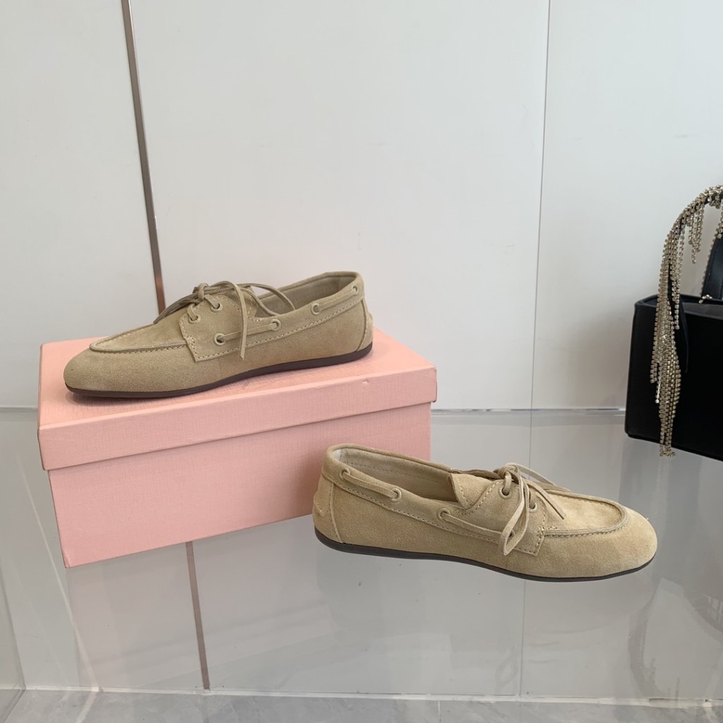Miu Miu Beige Suede Lace-Up Moccasins