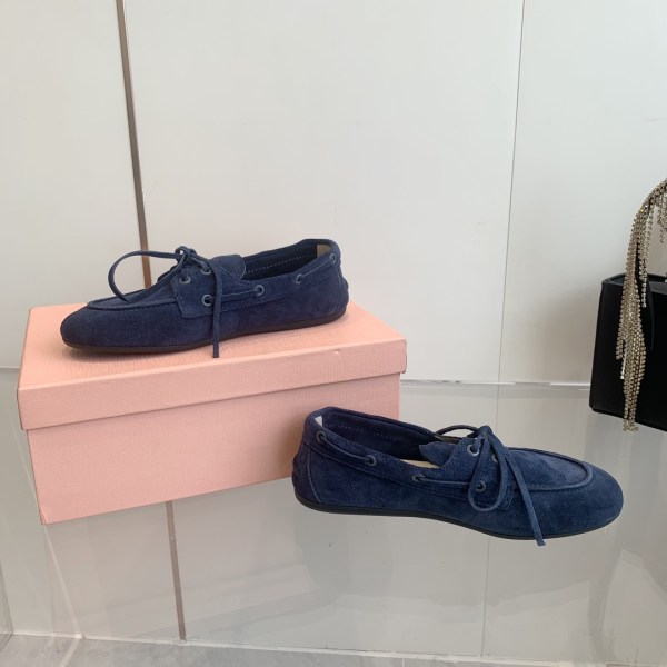 Miu Miu Navy Blue Suede Lace-Up Moccasins