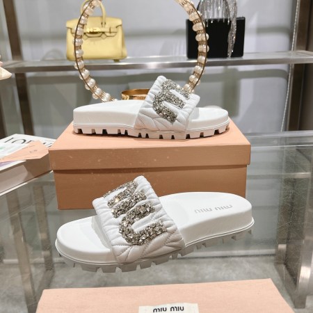 Miu Miu White Crystal-Embellished Quilted Slides