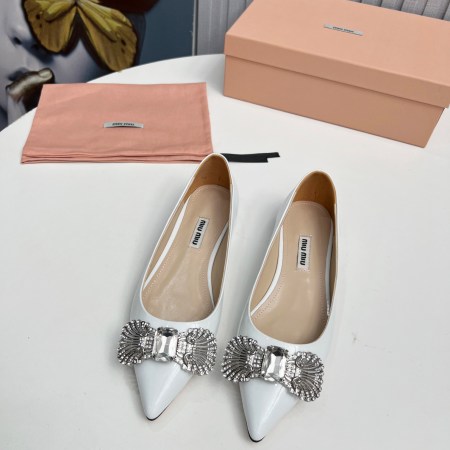 Miu Miu White Crystal-Bow Embellished Patent Flats