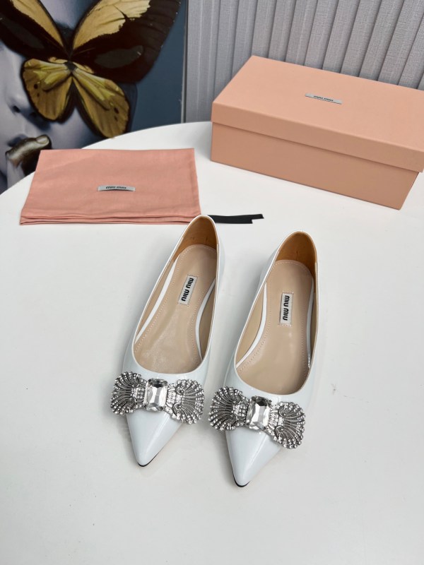 Miu Miu White Crystal-Bow Embellished Patent Flats