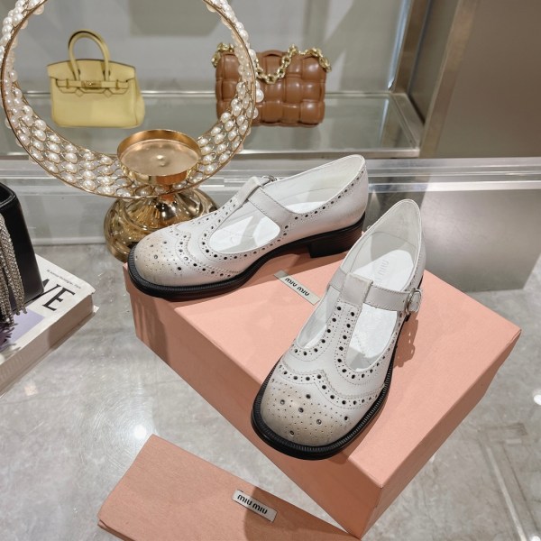 MIU MIU White T-Strap Brogue Shoes