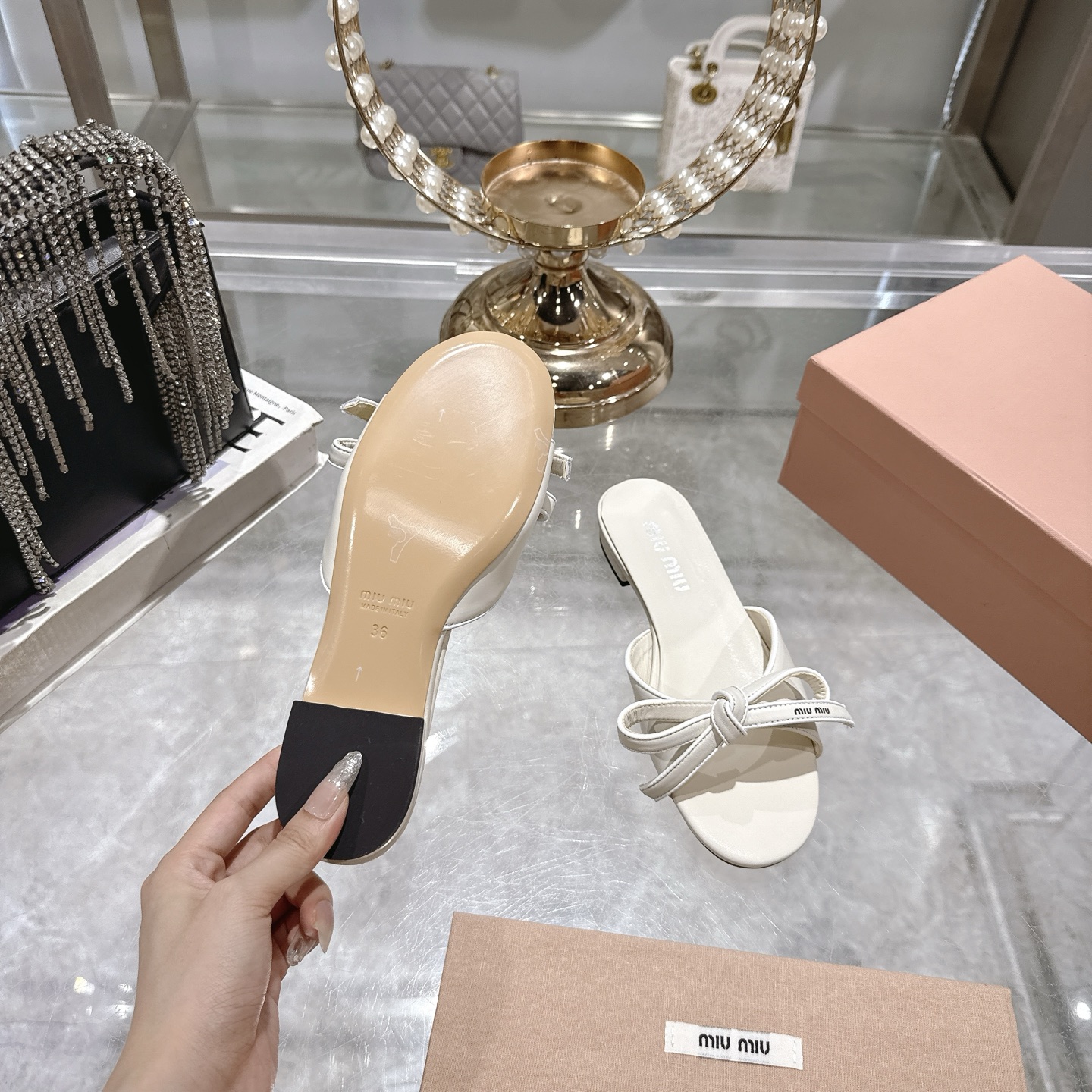 Miu Miu White Leather Bow Mules - Image 3
