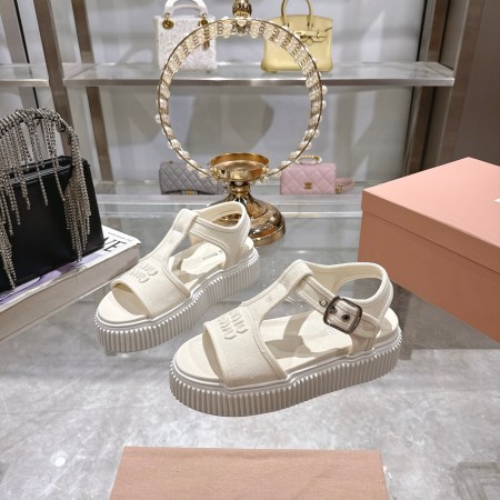 Miu Miu White Canvas Logo Flatform Sandals