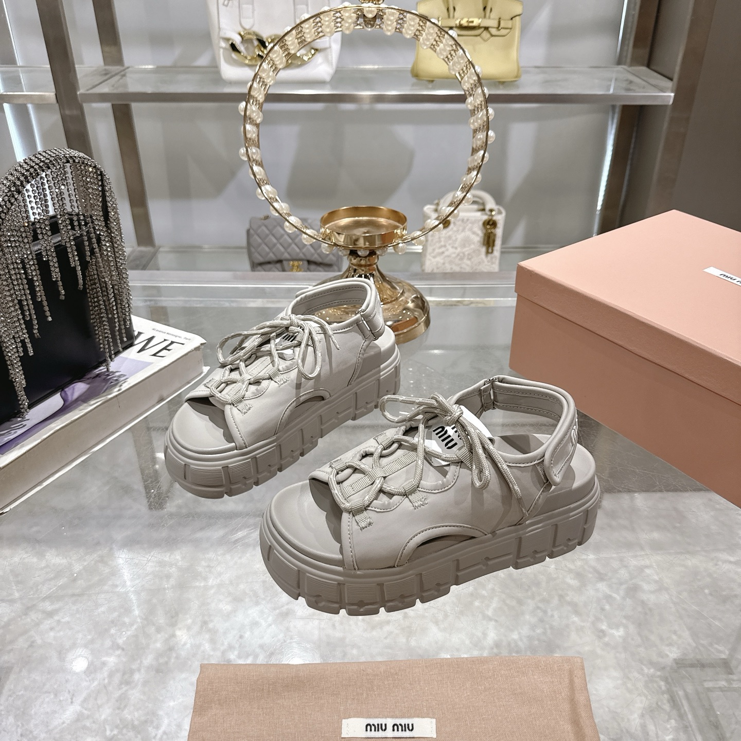 Miu Miu White Chunky Sole Laced Leather Platform Sandals - Image 4