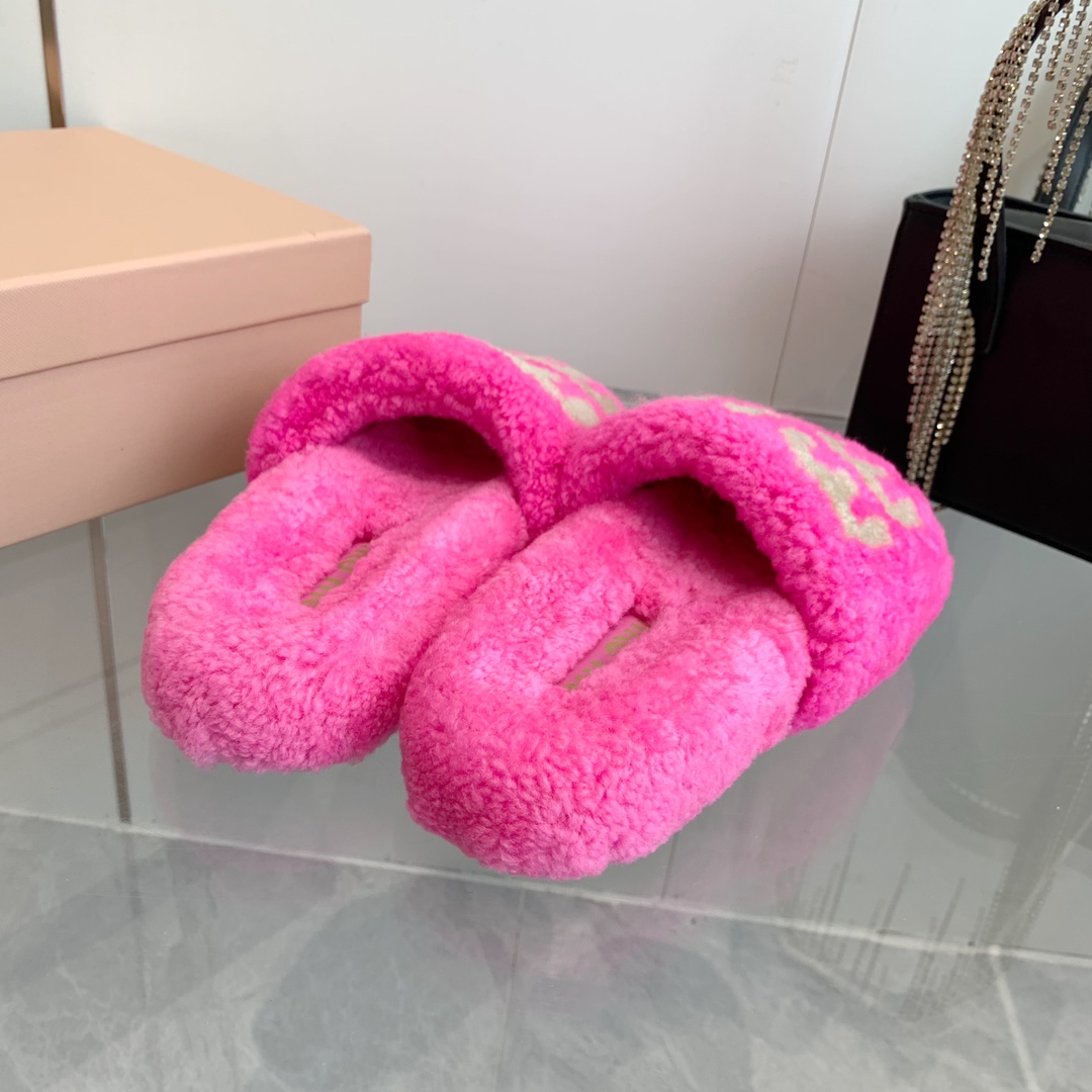 Miu Miu Wool Slippers with Logo Embroidery in Pink - Image 9