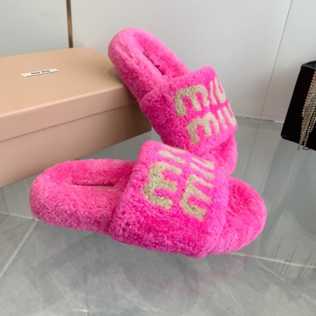 Miu Miu Wool Slippers with Logo Embroidery in Pink
