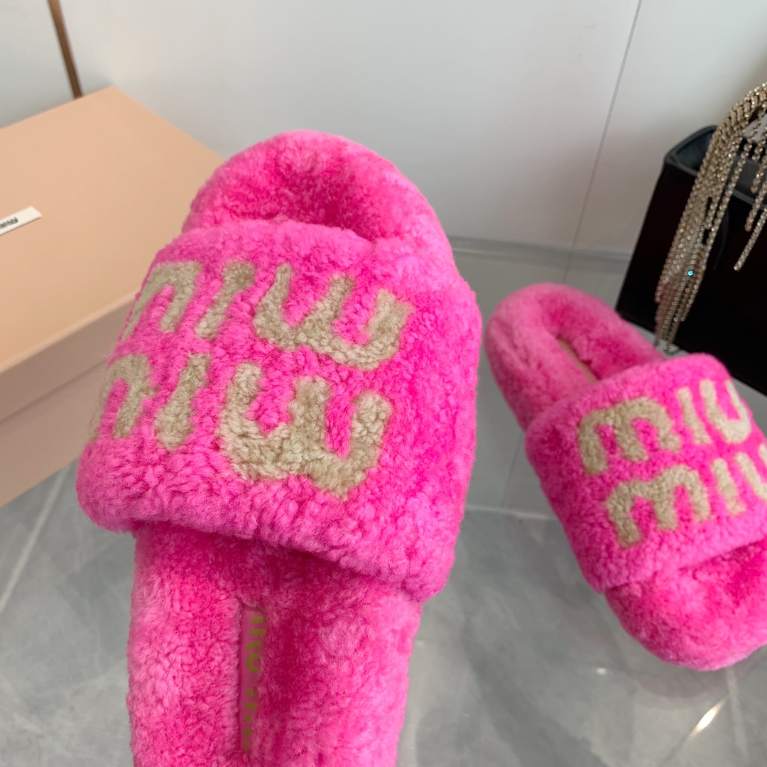Miu Miu Wool Slippers with Logo Embroidery in Pink - Image 7