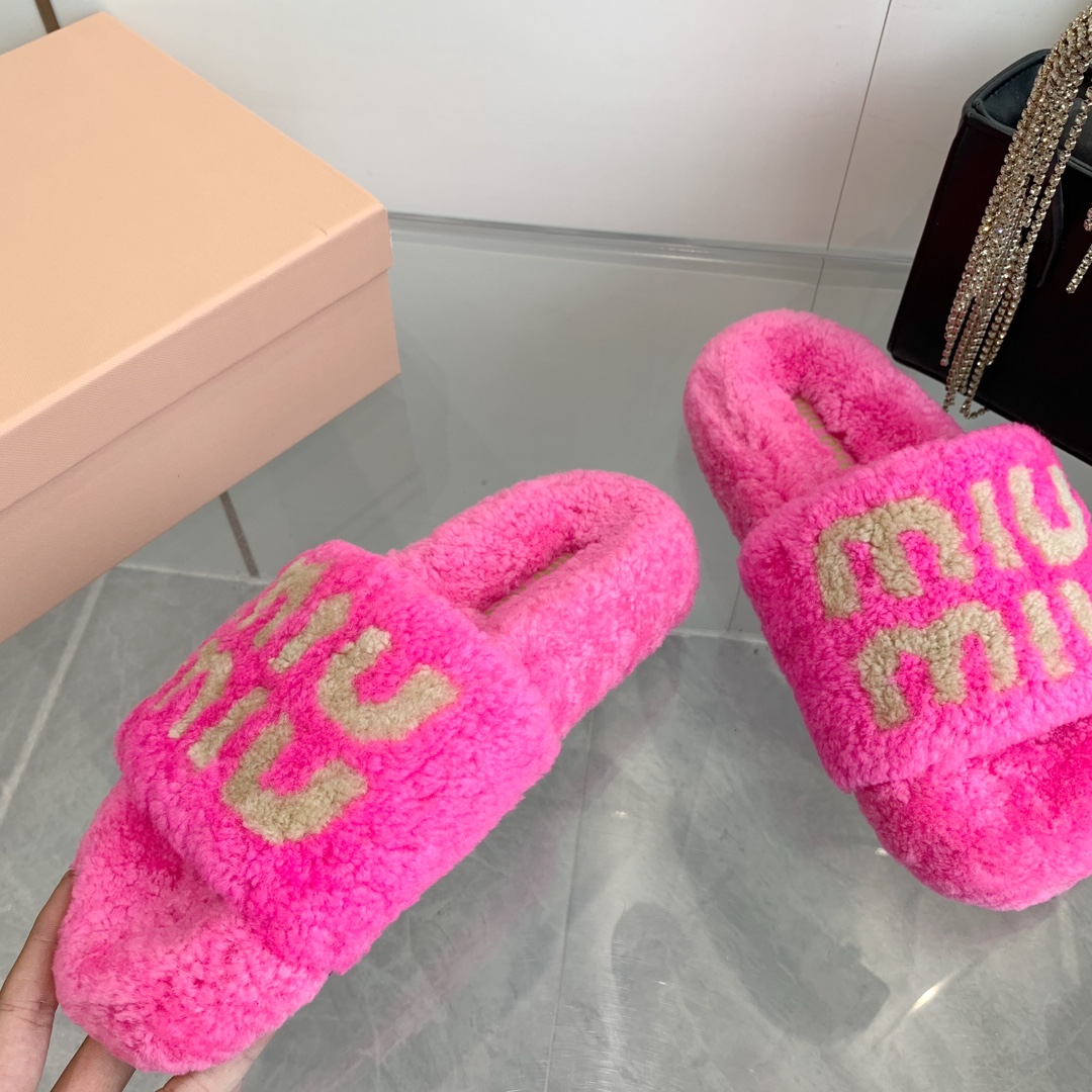 Miu Miu Wool Slippers with Logo Embroidery in Pink - Image 5