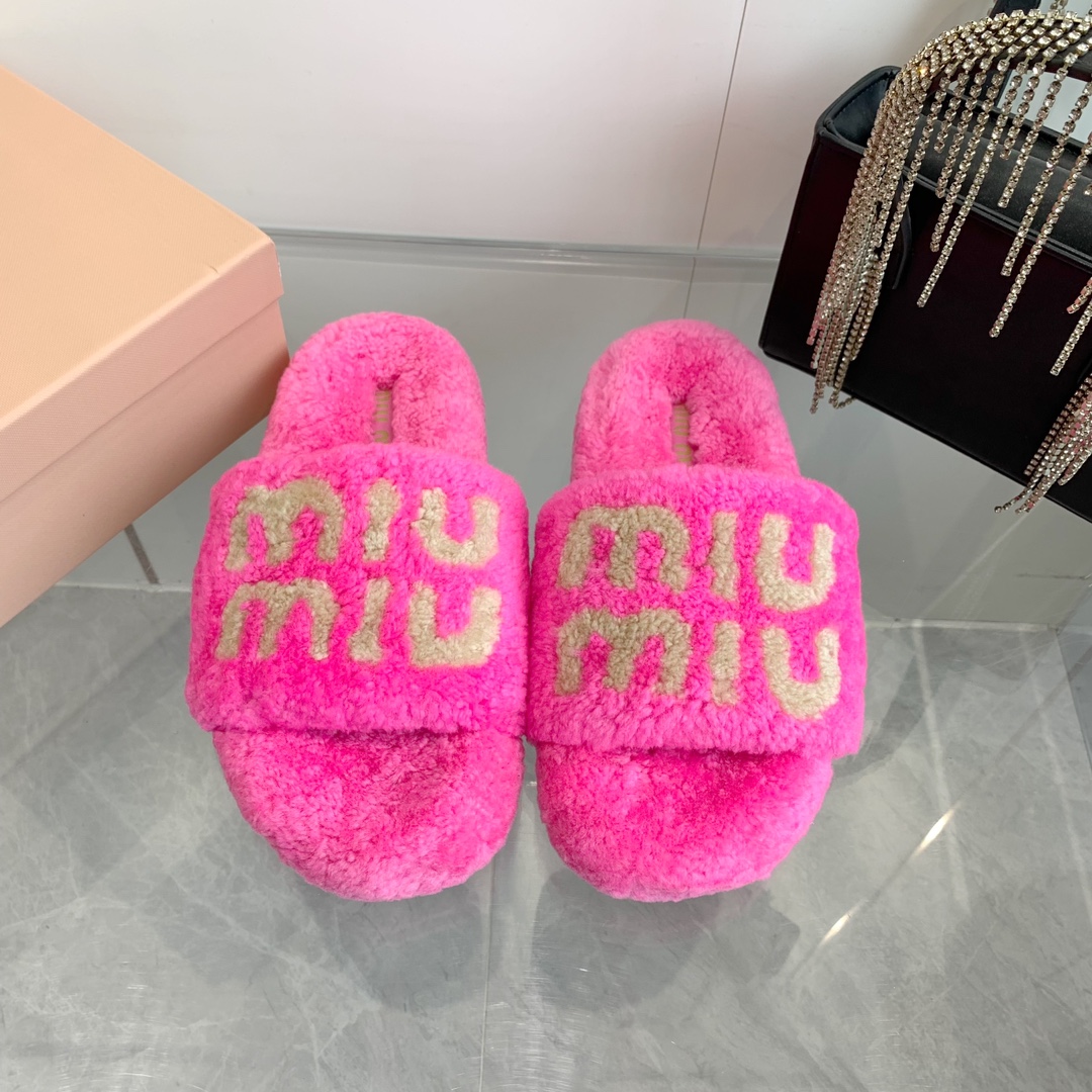Miu Miu Wool Slippers with Logo Embroidery in Pink - Image 2