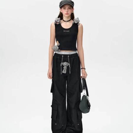 13DE MARZO Double Waist Paneled Black Cargo Pants