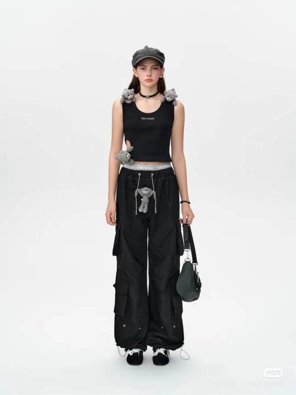 13DE MARZO Double Waist Paneled Black Cargo Pants
