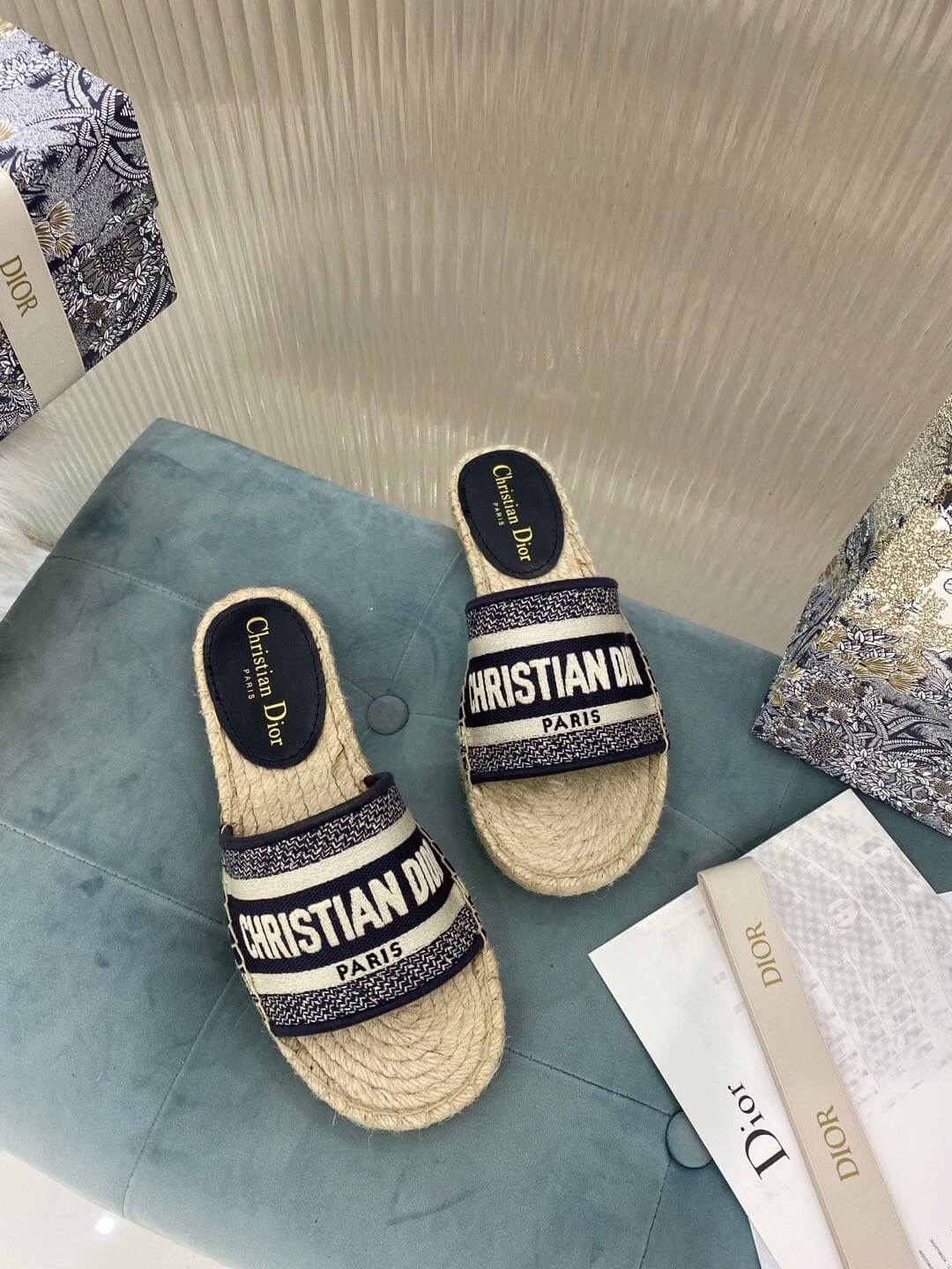 Christian Dior Canvas Embroidered Granville Espadrille Flat Slide Sandals Black and White - Image 8