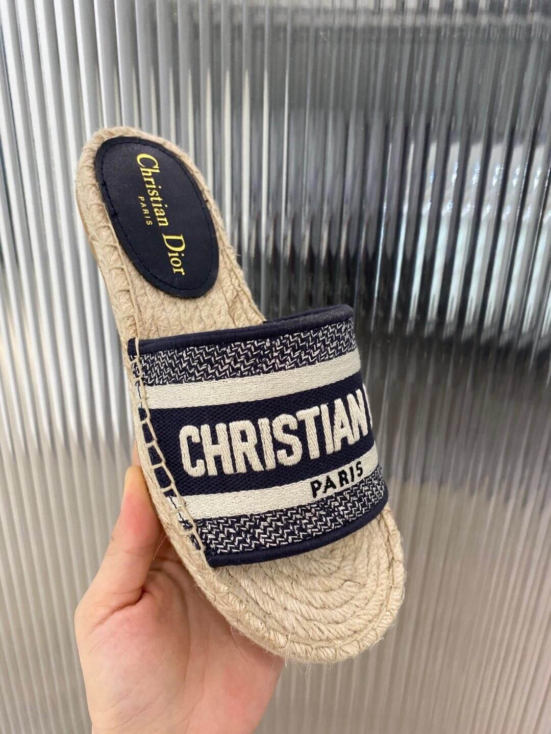 Christian Dior Canvas Embroidered Granville Espadrille Flat Slide Sandals Black and White - Image 4