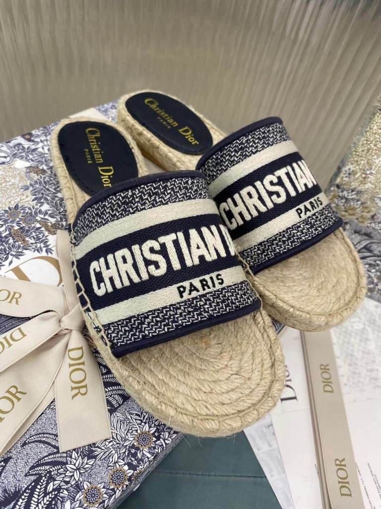 Christian Dior Canvas Embroidered Granville Espadrille Flat Slide Sandals Black and White