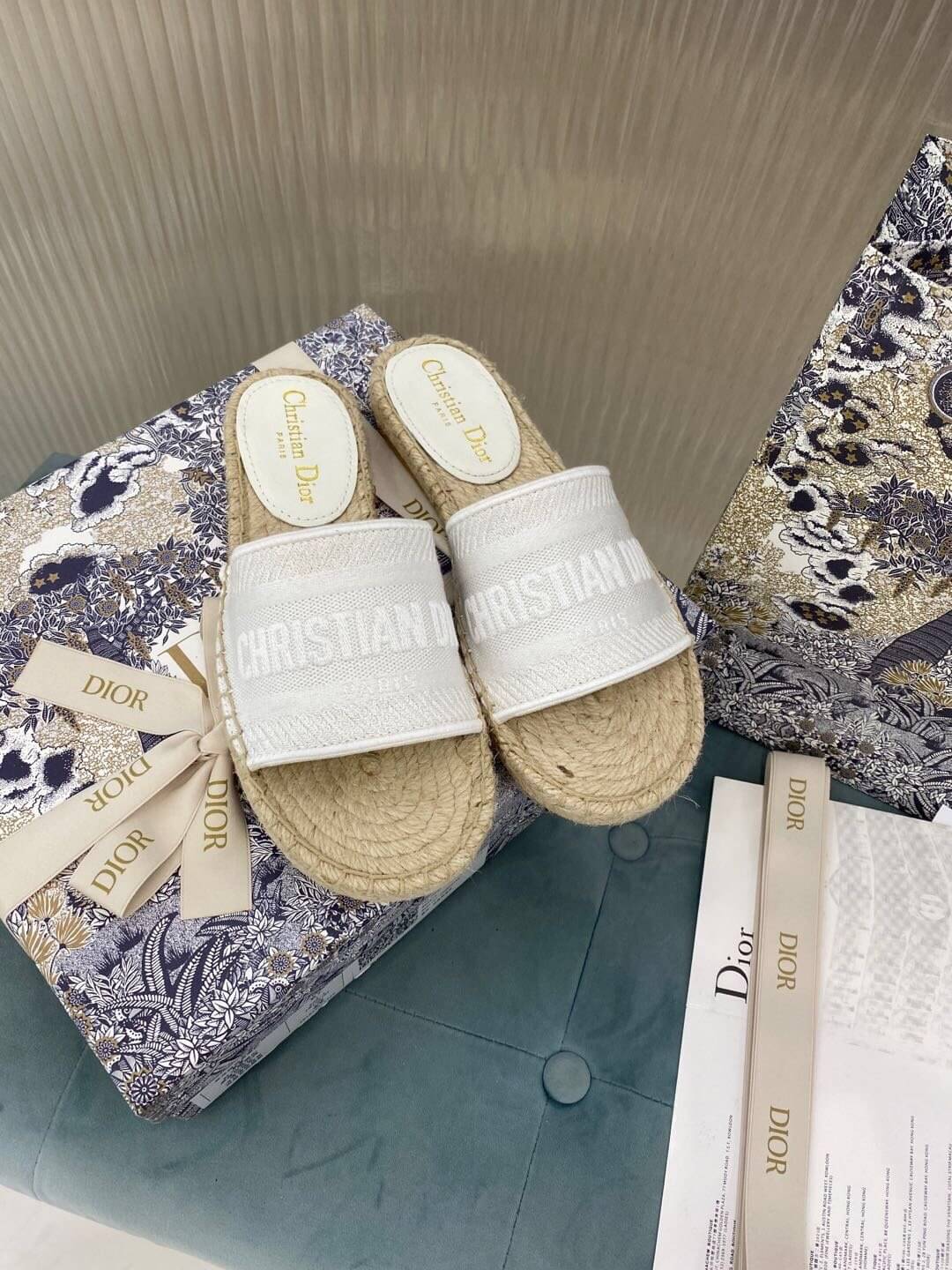 Christian Dior Canvas Embroidered Granville Espadrille Flat Slide Sandals Grey - Image 8