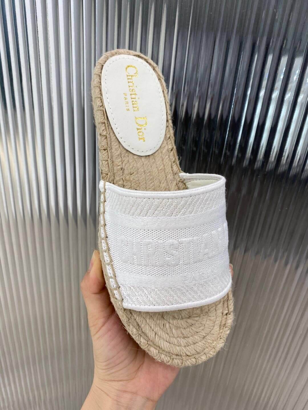 Christian Dior Canvas Embroidered Granville Espadrille Flat Slide Sandals Grey - Image 9