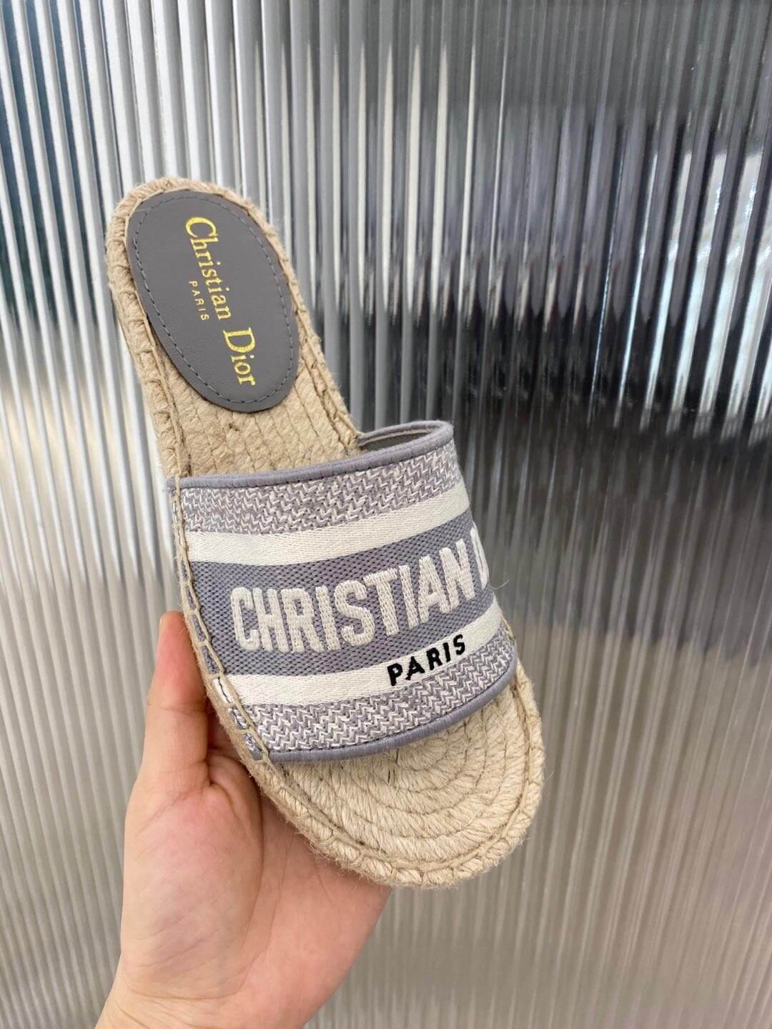 Christian Dior Canvas Embroidered Granville Espadrille Flat Slide Sandals Grey and White - Image 2