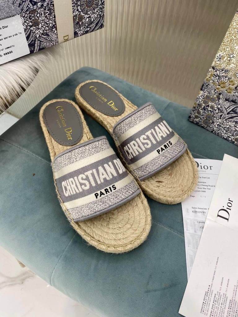Christian Dior Canvas Embroidered Granville Espadrille Flat Slide Sandals Grey and White