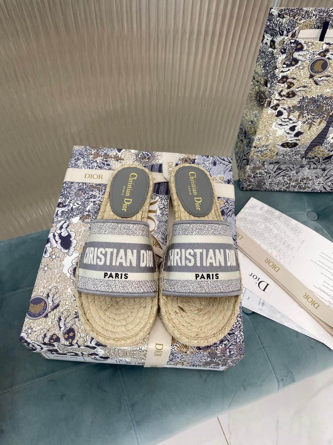 Christian Dior Canvas Embroidered Granville Espadrille Flat Slide Sandals Grey and White - Image 4