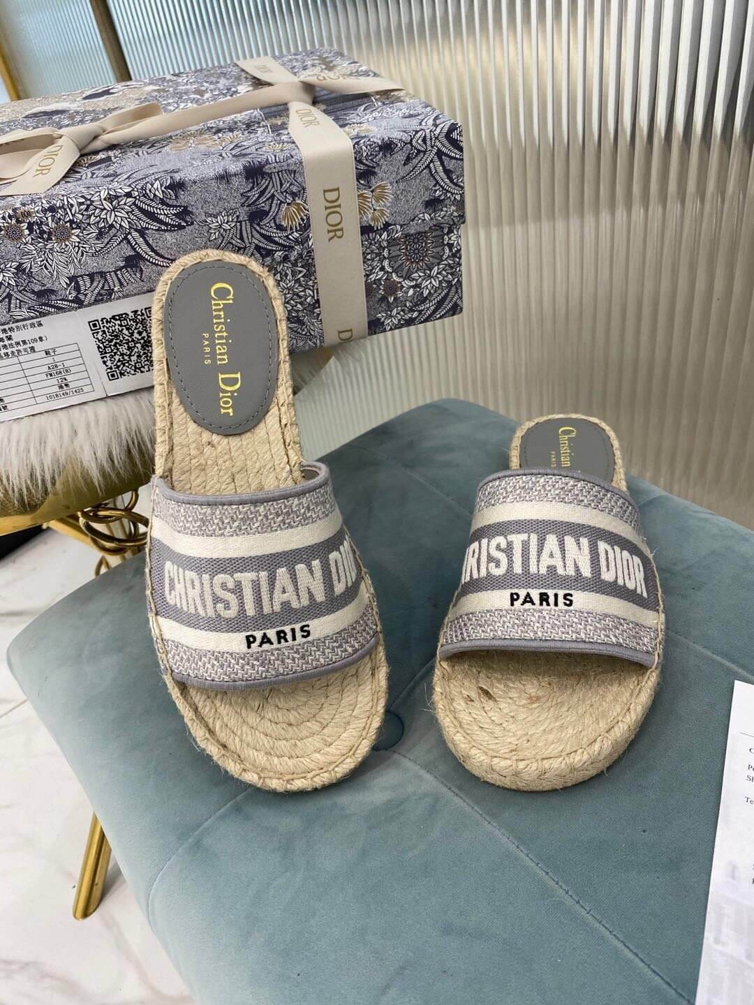 Christian Dior Canvas Embroidered Granville Espadrille Flat Slide Sandals Grey and White - Image 8