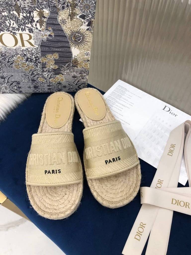Christian Dior Canvas Embroidered Granville Espadrille Flat Slide Sandals Ivory