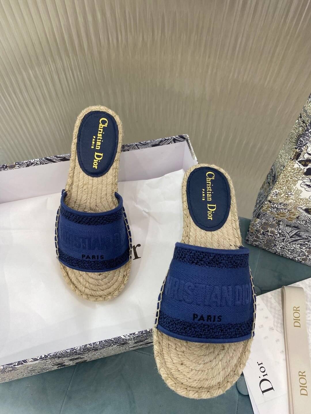 Christian Dior Canvas Embroidered Granville Espadrille Flat Slide Sandals Navy Blue - Image 2