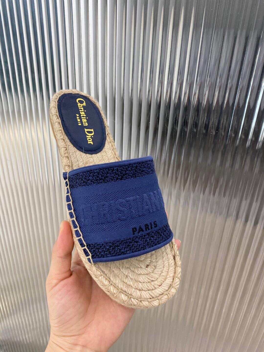 Christian Dior Canvas Embroidered Granville Espadrille Flat Slide Sandals Navy Blue - Image 3