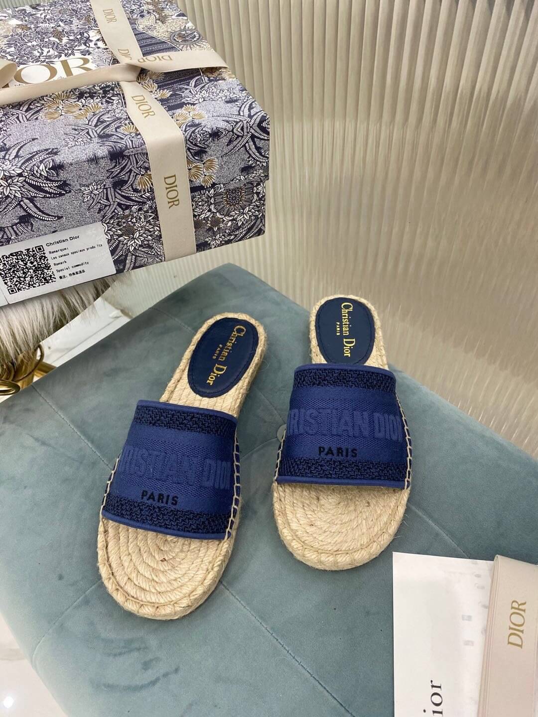 Christian Dior Canvas Embroidered Granville Espadrille Flat Slide Sandals Navy Blue - Image 4