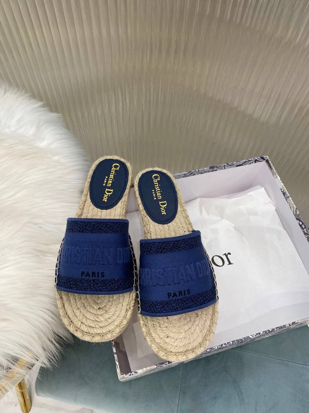 Christian Dior Canvas Embroidered Granville Espadrille Flat Slide Sandals Navy Blue - Image 6