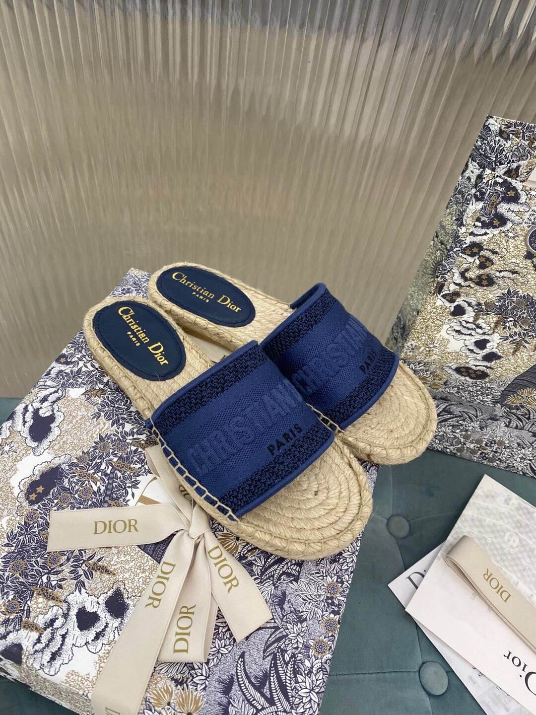 Christian Dior Canvas Embroidered Granville Espadrille Flat Slide Sandals Navy Blue - Image 7