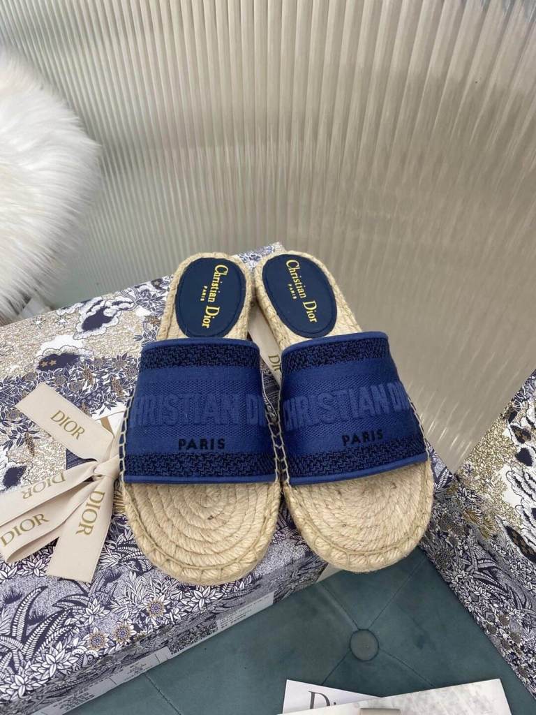 Christian Dior Canvas Embroidered Granville Espadrille Flat Slide Sandals Navy Blue