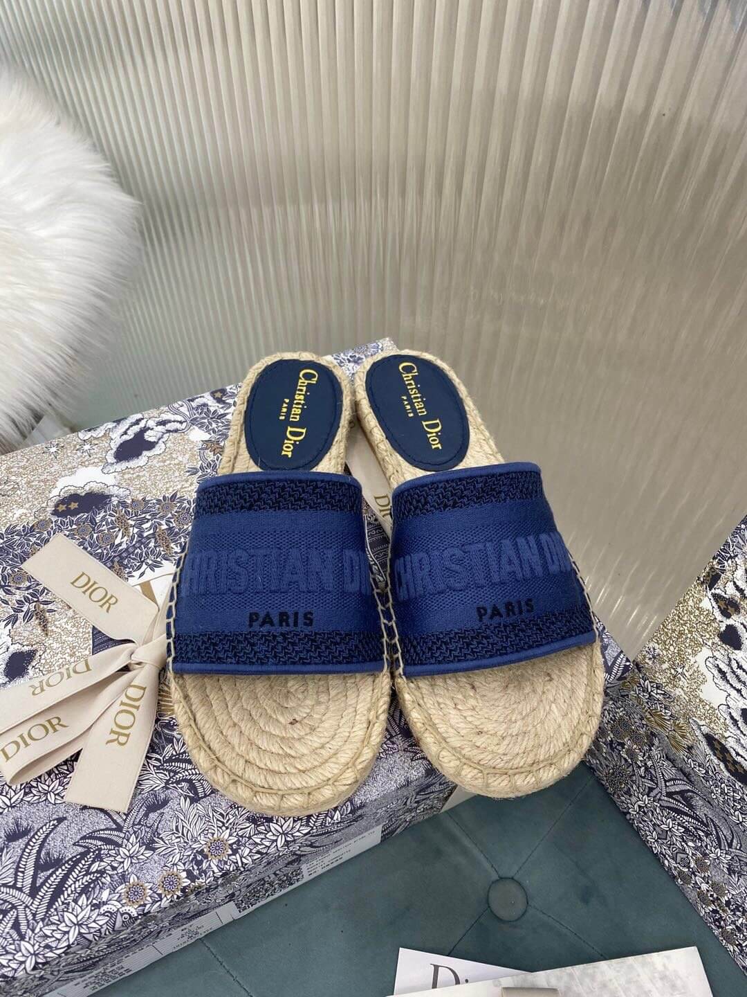 Christian Dior Canvas Embroidered Granville Espadrille Flat Slide Sandals Navy Blue