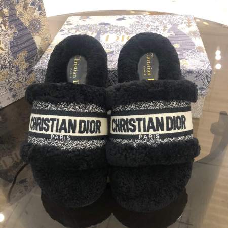Christian Dior Dway Black Shearling Fur Logo Chunky Slide