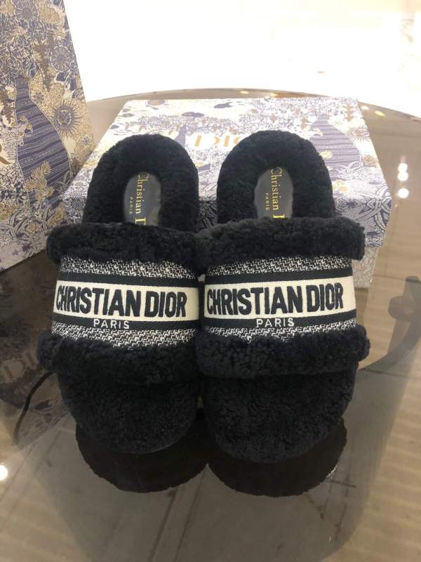 Christian Dior Dway Black Shearling Fur Logo Chunky Slide