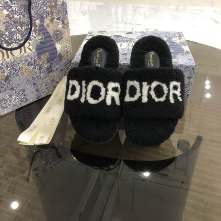 Christian Dior Dway Black Shearling Fur Slide with White Logo